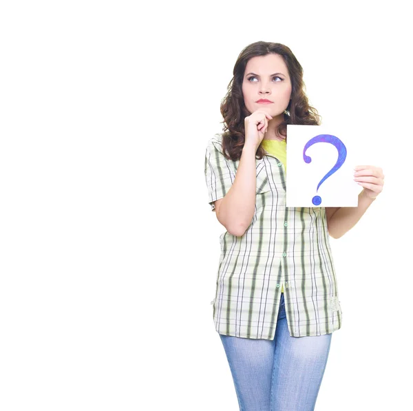 Attractive young woman in a checkered shirt holding a poster wit — Stock Photo, Image