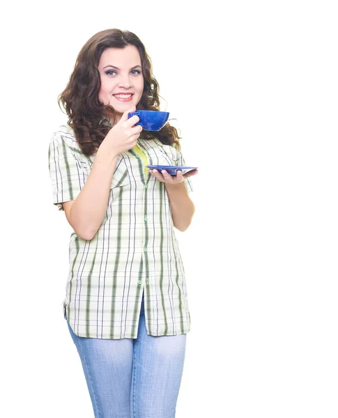 Attractive smiling young woman in a checkered shirt holding a bl — Stock Photo, Image