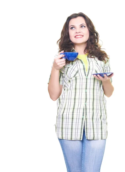 Привлекательная улыбающаяся молодая женщина в клетчатой рубашке, держащая bl — стоковое фото