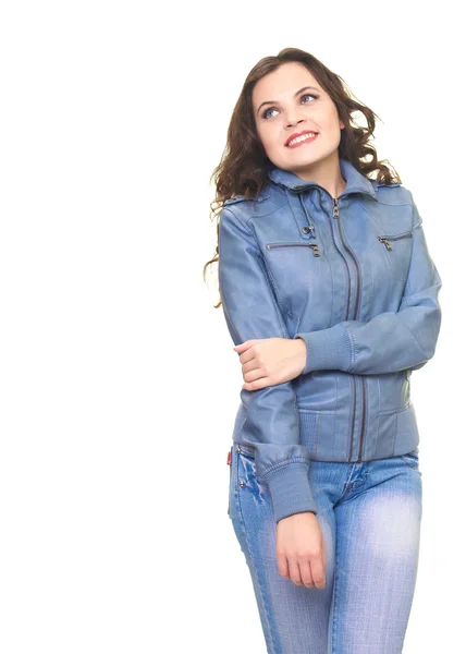 グレーのジャケットで幸せな若い女は右トウモロコシ — ストック写真