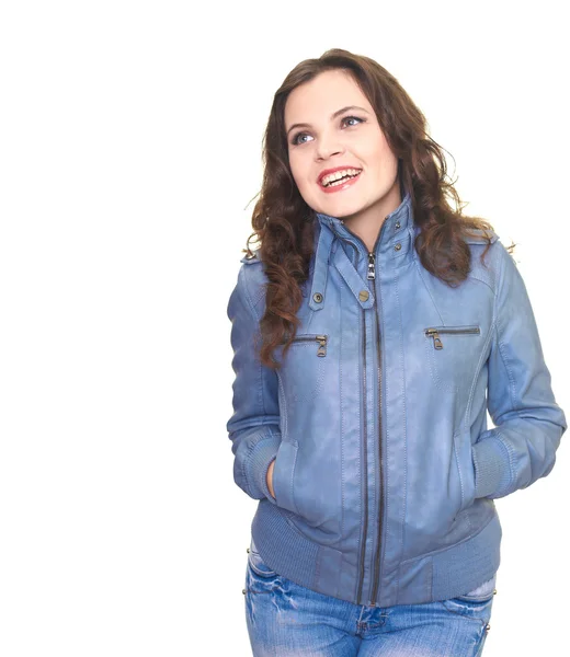 Retrato de una joven atractiva sonriendo con una chaqueta gris . —  Fotos de Stock