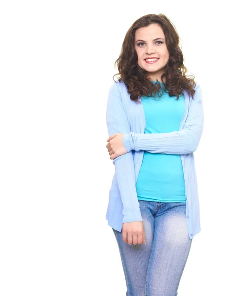 Glückliche junge Frau im blauen Hemd. — Stockfoto