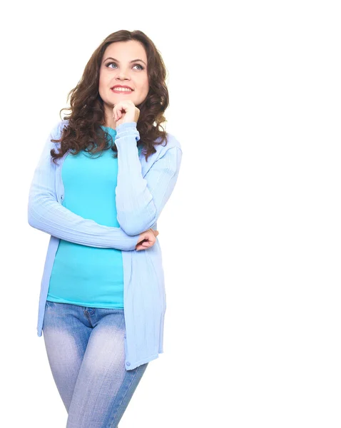 Mujer joven y feliz con una camisa azul mirando el maíz superior izquierdo —  Fotos de Stock