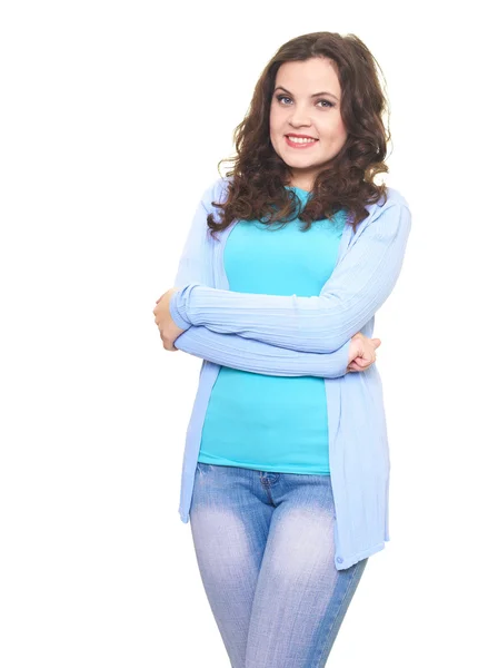 Glückliche junge Frau im blauen Hemd. — Stockfoto