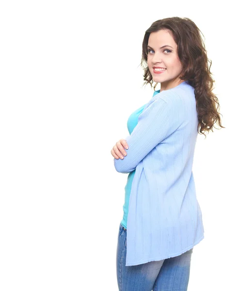 Gelukkig lachend jonge vrouw in een blauw shirt keerde terug. — Stockfoto