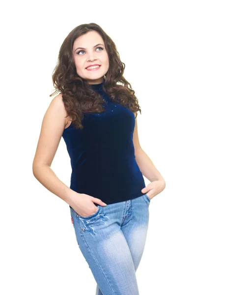 Happy smiling young woman in a blue shirt looking at the upper-l — Stock Photo, Image