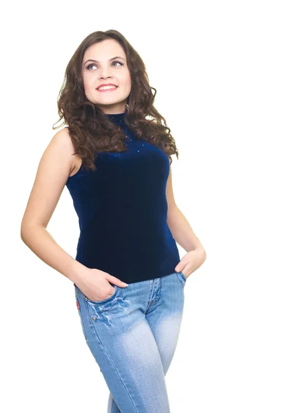 Happy smiling young woman in a blue shirt looking at the upper-r — Stock Photo, Image