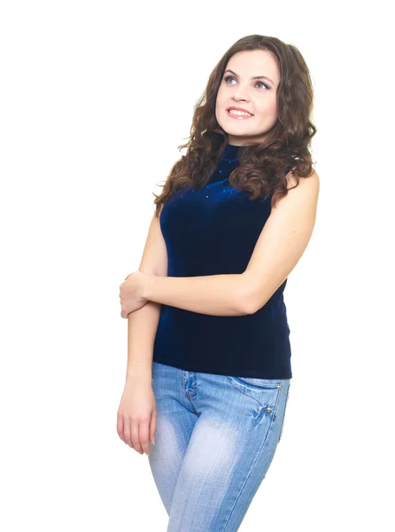 Happy smiling young woman in a blue shirt — Stock Photo, Image