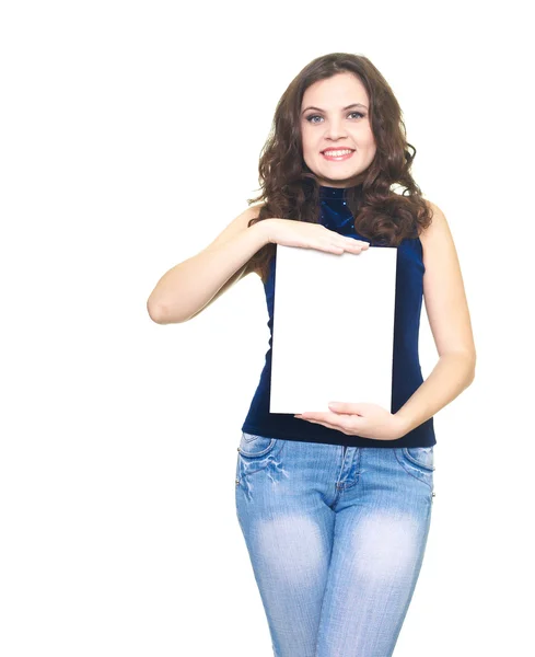 Attraente giovane donna in camicia blu con un poster . — Foto Stock