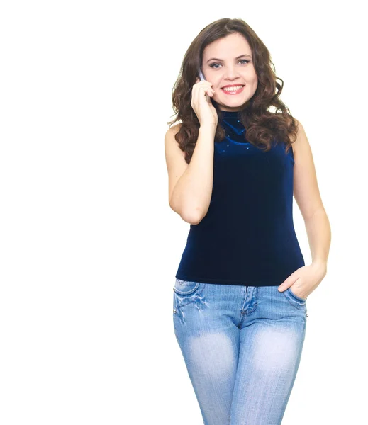 Szczęśliwy uśmiechający się młoda kobieta w niebieska koszula mówić na promieniowa — Zdjęcie stockowe