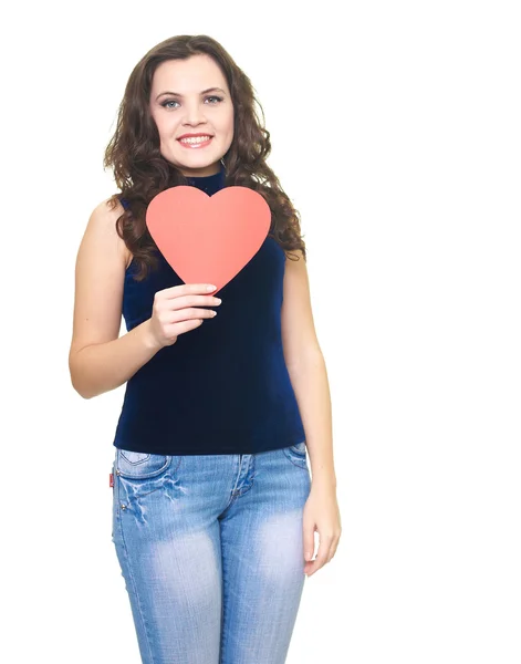 Attractive smiling young woman in a blue shirt holding red paper — Stock Photo, Image