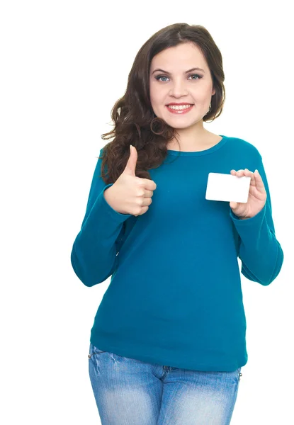 Attractive smiling young woman in a blue shirt holding in her le — Stock Photo, Image