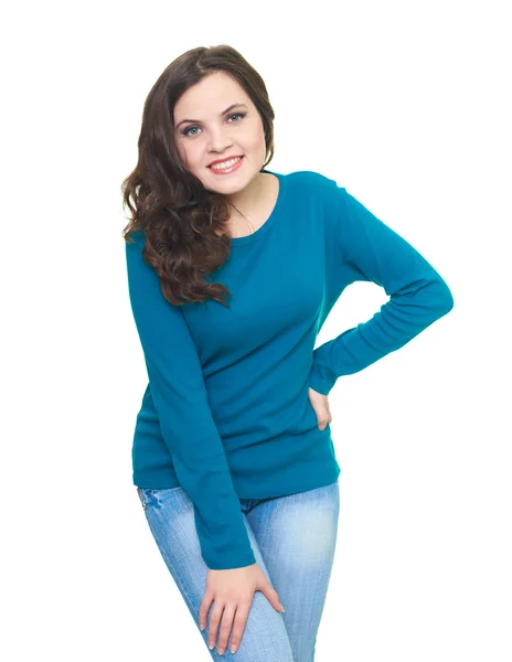 Attractive smiling young woman in a blue shirt slightly leaned f — Stock Photo, Image