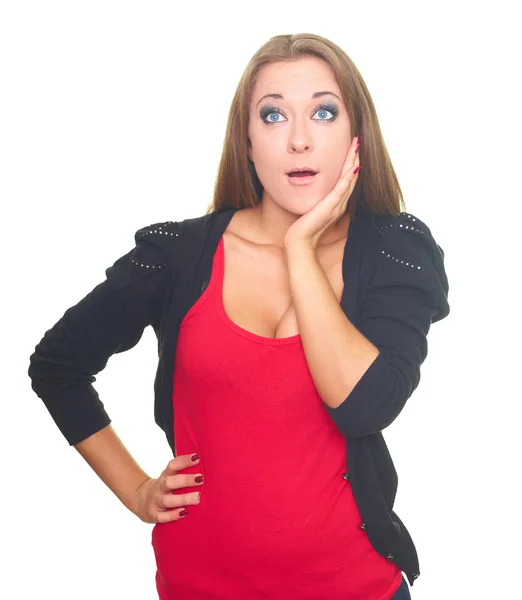 Surprised young woman in a black sweater and a red shirt. — Stockfoto