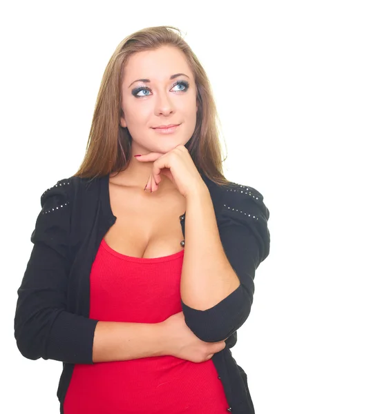 Atractiva joven con una camisa roja y un suéter negro. Mujer. — Foto de Stock