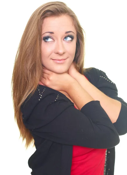 Mujer joven y feliz en un suéter negro y una camisa roja. La abraza un — Foto de Stock