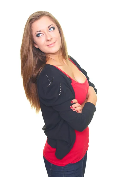 Happy young woman in a black sweater and a red shirt standing wi — Stock Photo, Image