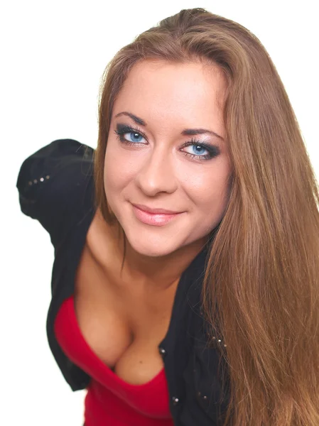 Portrait of attractive young woman in a black sweater and a red — Stock Photo, Image