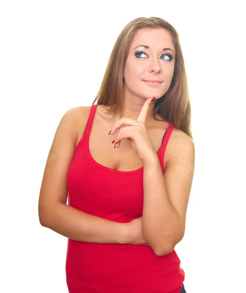 Happy young woman in a red shirt. Woman holds her finger on her — Stock Photo, Image