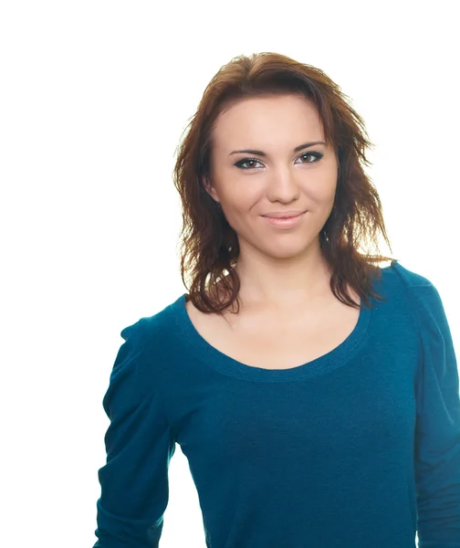 Attractive young woman in a blue shirt. — Stock Photo, Image