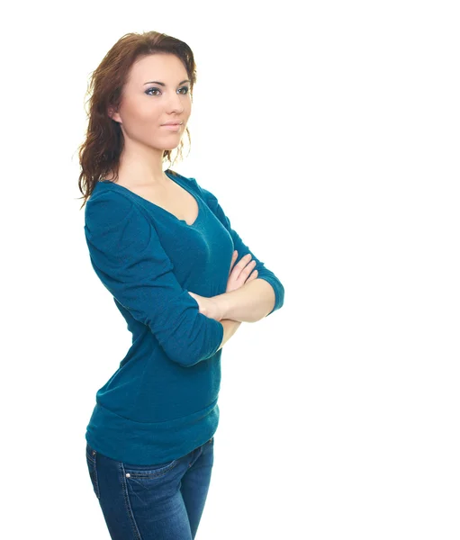 Attractive young woman in a blue shirt. Looks to the upper-left — Stock Photo, Image