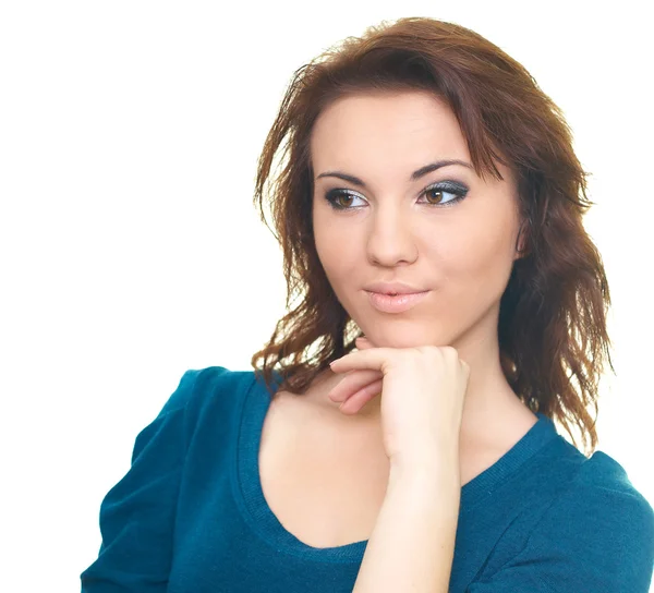 Retrato de una joven atractiva con una camisa azul. Mujer mirando — Foto de Stock