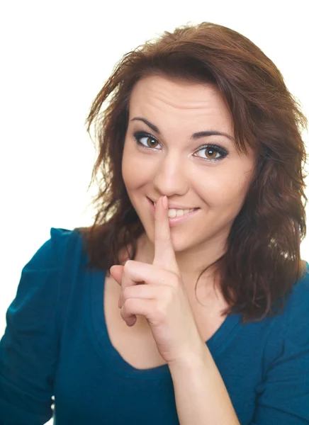 Portret van gelukkig lachende jonge vrouw in een blauw shirt. vrouw sho — Stockfoto