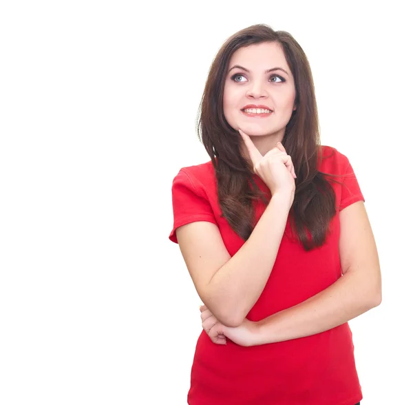 Attractive smiling young woman in a red shirt holding her finger Royalty Free Stock Images