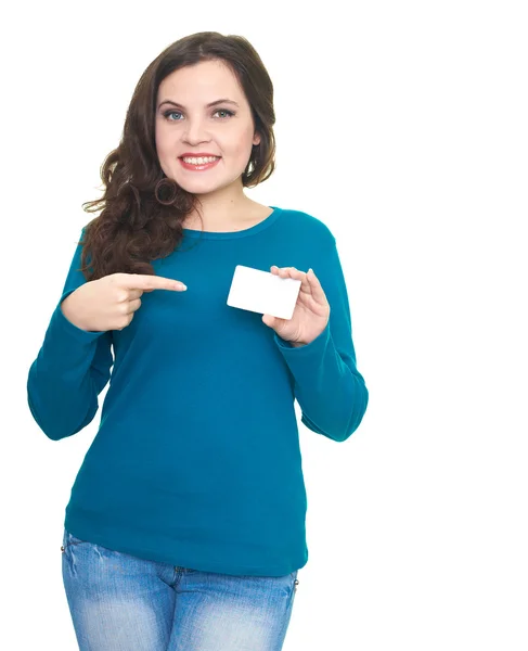 Attractive smiling young woman in a blue shirt holding in her le Stock Picture