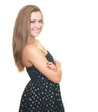 siyah elbise daimi katlanmış ellerle çekici genç kadın