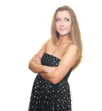 üst-UKB seyir siyah elbiseli çekici genç kadın