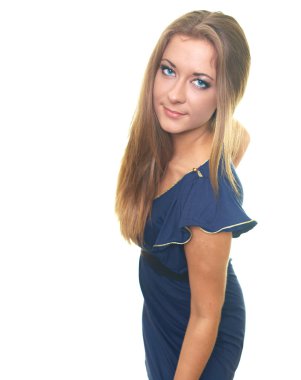 mavi elbiseli çekici genç kadın.