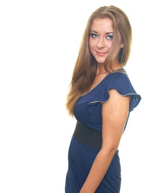 mavi elbiseli çekici genç kadın.