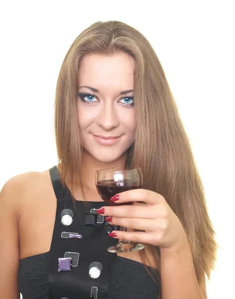 Jolie jeune femme en robe noire. Tient un verre de vin . — Photo