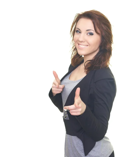 Mujer joven feliz en una chaqueta negra y camisa gris . — Foto de Stock