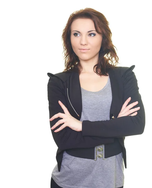 Atrakcyjna młoda kobieta koszula szara i czarna kurtka. wygląda i — Zdjęcie stockowe