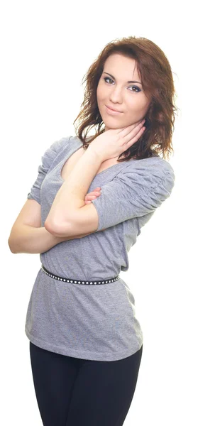 Attraktive junge Frau im grauen T-Shirt umarmt ihren Arm — Stockfoto