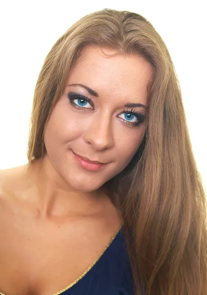 Attraktive junge Frau im blauen Kleid. — Stockfoto