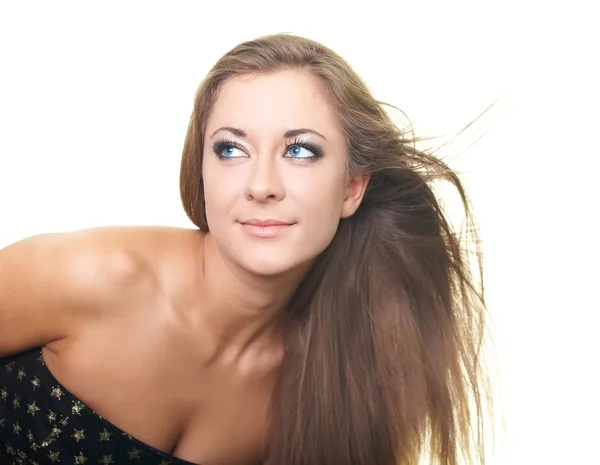 Portrait of attractive young woman in a black dress. Hair in mot Stock Photo