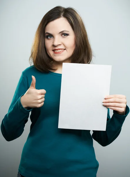 Happy young woman in a blue shirt and jeans. Woman holds a poste — Stock Photo, Image