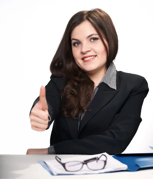 Happy young woman in black jacket sitting at the table. Woman sh — Stock Photo, Image