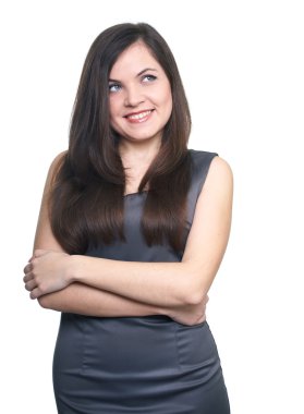 iş gri elbiseli çekici genç kadın. için arıyorsunuz