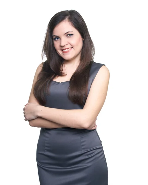 Atraktivní mladá žena v šatech šedé podnikání. — Stock fotografie