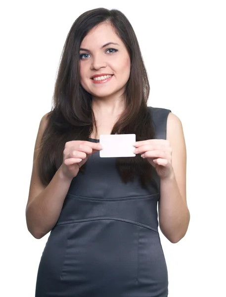 Atrakcyjna młoda kobieta w sukni szary biznesu. kobieta trzyma; p — Zdjęcie stockowe