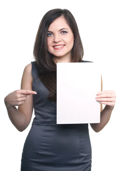 Attractive young woman in a gray business dress. Woman holds a p — Stock Photo, Image