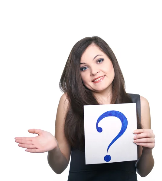 Attractive young woman in a gray business dress. Woman holds a p — Stock Photo, Image