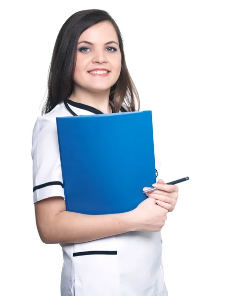 Attractive young woman in the form of a nurse. Woman holds a blu — Stock Photo, Image