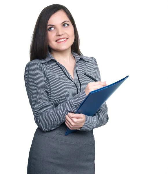 Attractive young woman in a gray blouse. Woman holds a blue fold — Stock Photo, Image