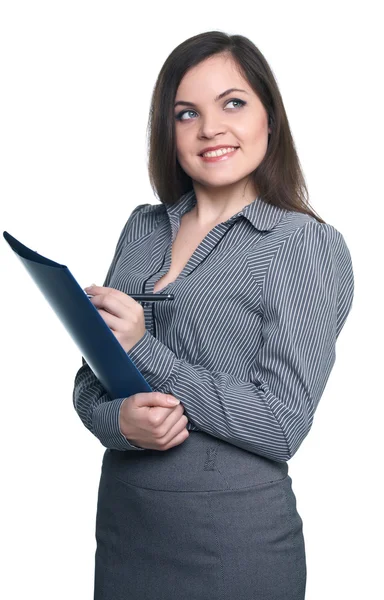 Atrakcyjna młoda kobieta w szara bluzka. kobieta trzyma niebieski składany — Zdjęcie stockowe