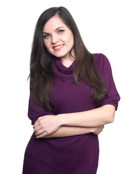 Attractive young woman in a purple dress. — Stock Photo, Image